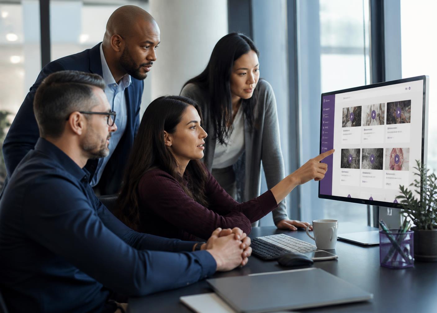 A training team reviewing digital educational content together in a modern office